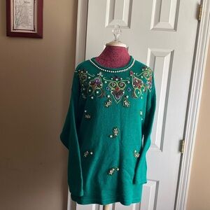 Women's Victoria Jones Size M Embellished Teal Green Sweater with Beaded Design